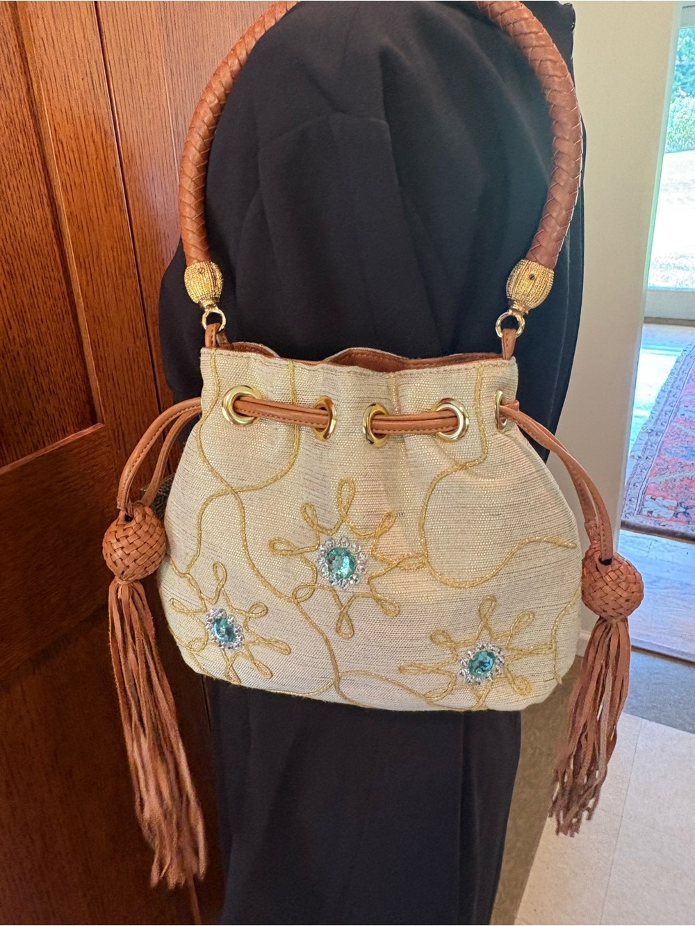 Hollywould Beaded Cream & Tan Drawstring Shoulder Bag
